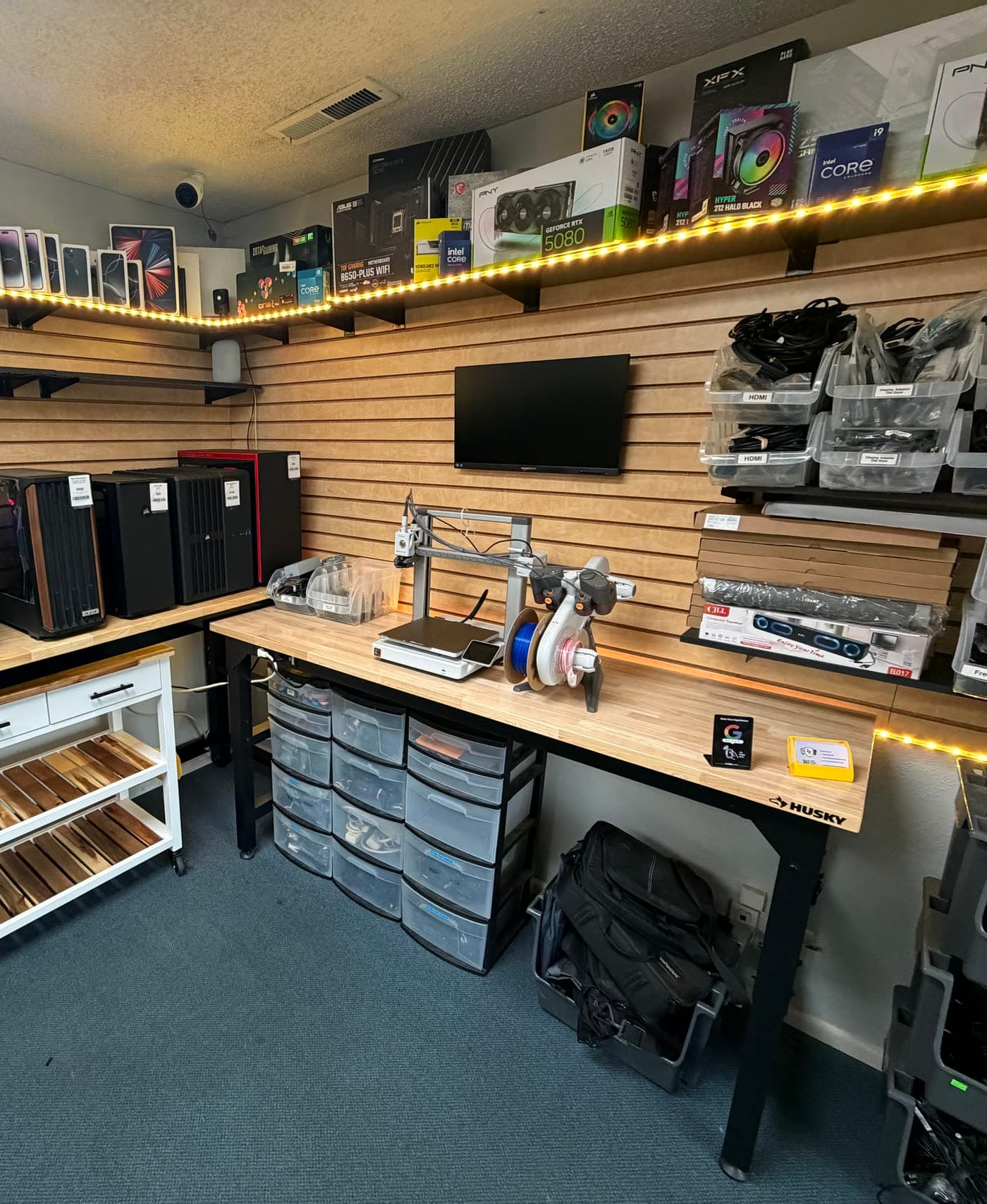 A technician's bench inside ZipZap Computers in Salem, Oregon